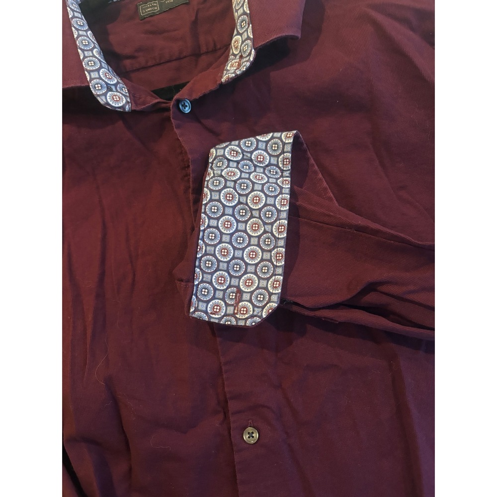 14th & Union Mens XL Trim Fit Button Down Shirt Burgundy Geometric Contrast Trim